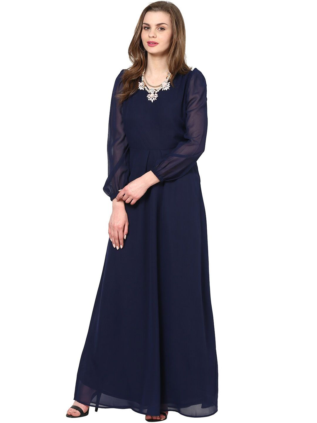 La Zoire Women Navy Blue Solid V-Neck Maxi Dress Price in India