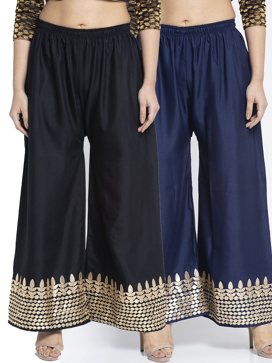 Jinfo Women Black & Navy Blue 2 Gota Embellished Flared Knitted Ethnic Palazzos Price in India