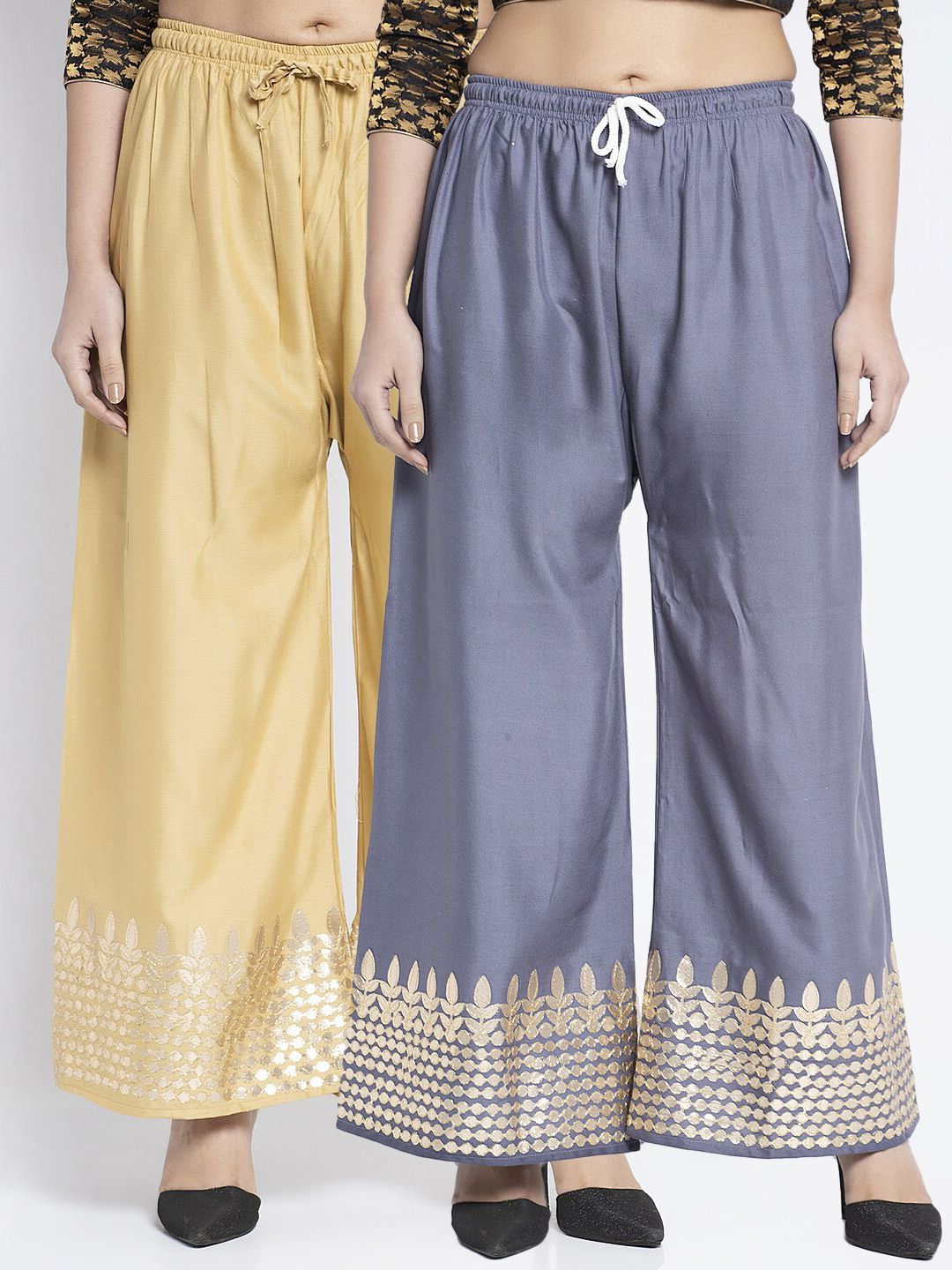 Jinfo Women Pack Of 2 Grey & Gold-Toned Flared Ethnic Palazzos Price in India