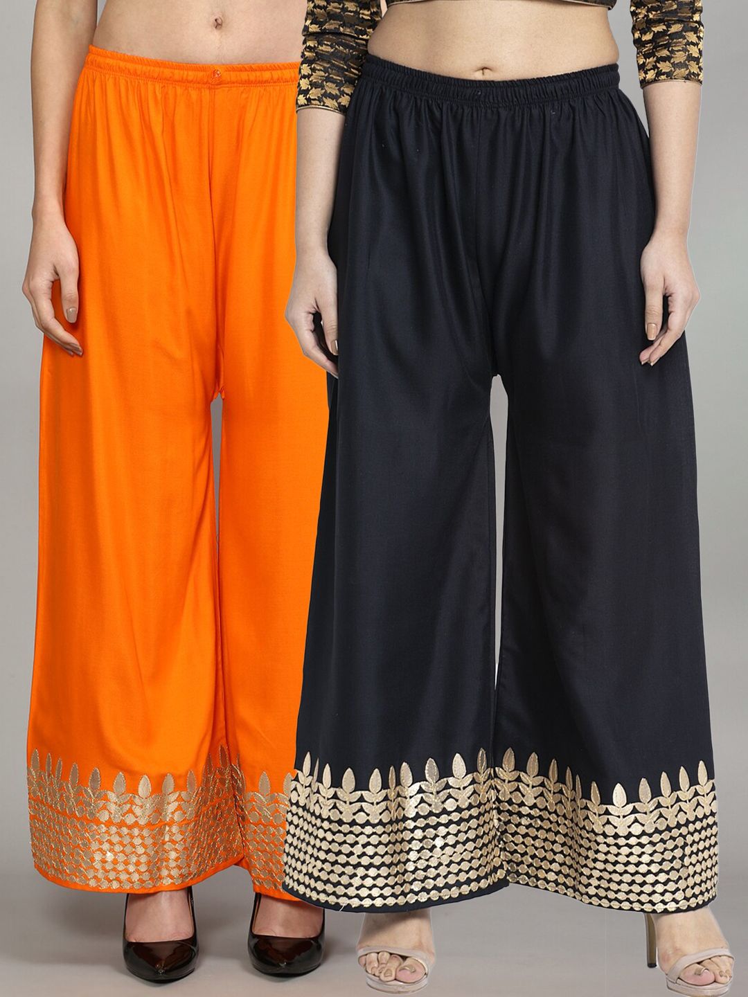 Jinfo Women Black & Orange 2 Ethnic Motifs Gotta Embellished Flared Ethnic Palazzos Price in India