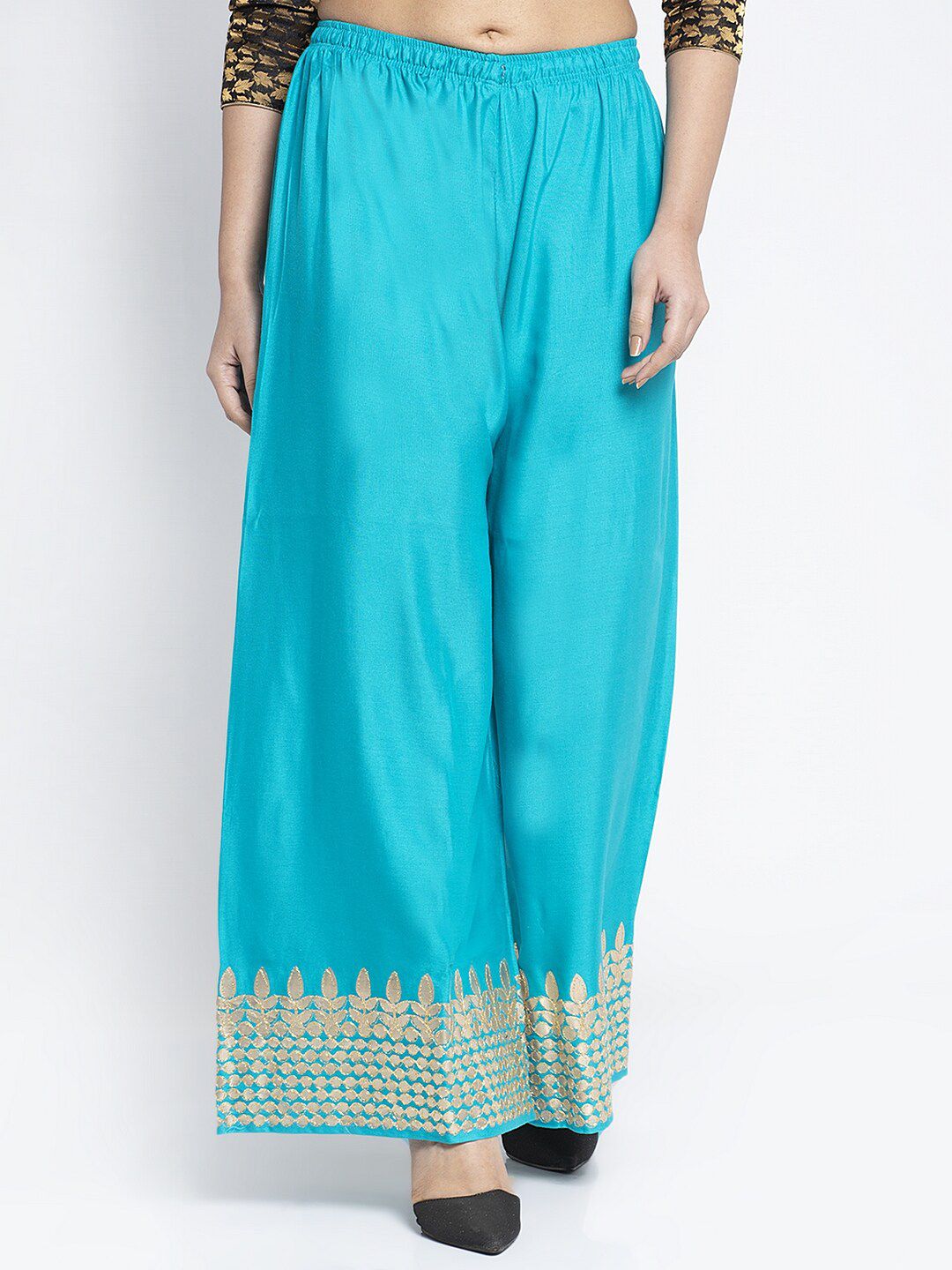 Jinfo Women Blue & Gold-Toned Gota Bottom Printed Flared Ethnic Palazzos Price in India