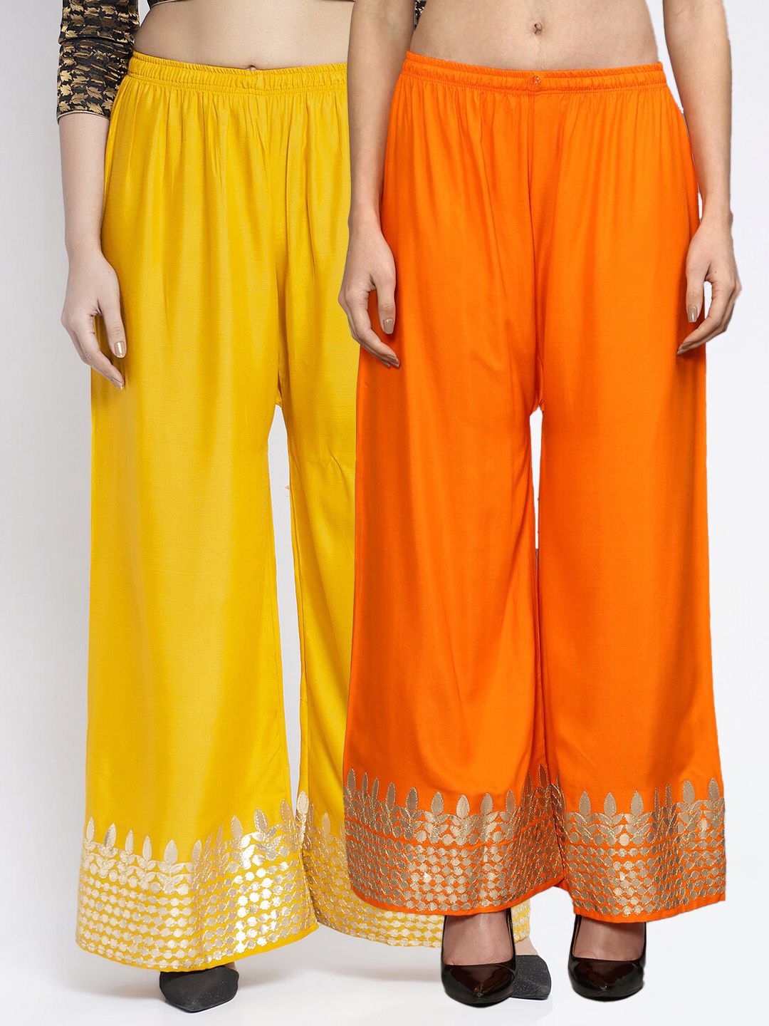 Jinfo Women Pack Of 2 Yellow & Orange Flared Knitted Ethnic Palazzos Price in India