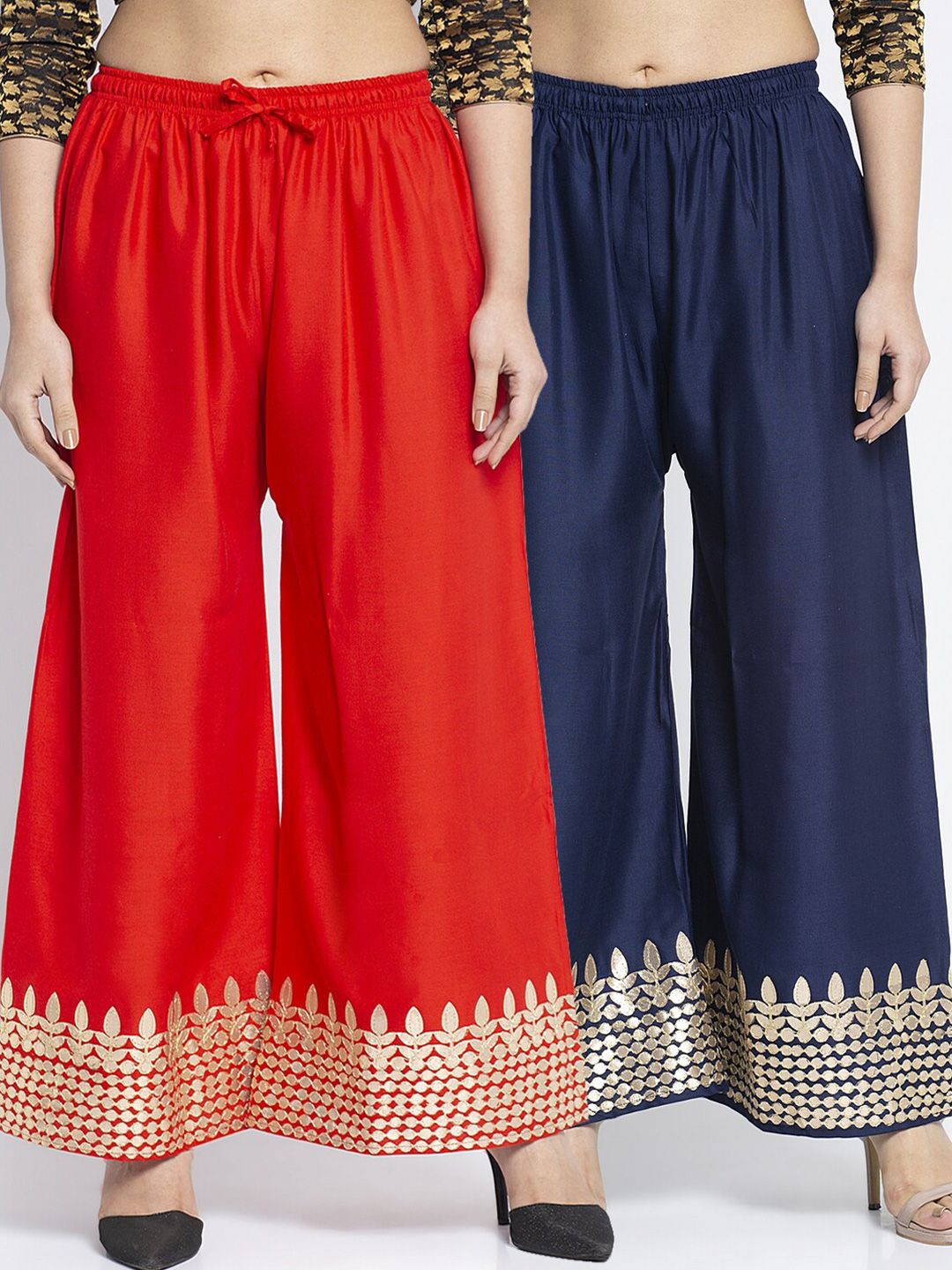 Jinfo Women Red & Navy Blue 2 Ethnic Motifs Gotta Embellished Flared Ethnic Palazzos Price in India