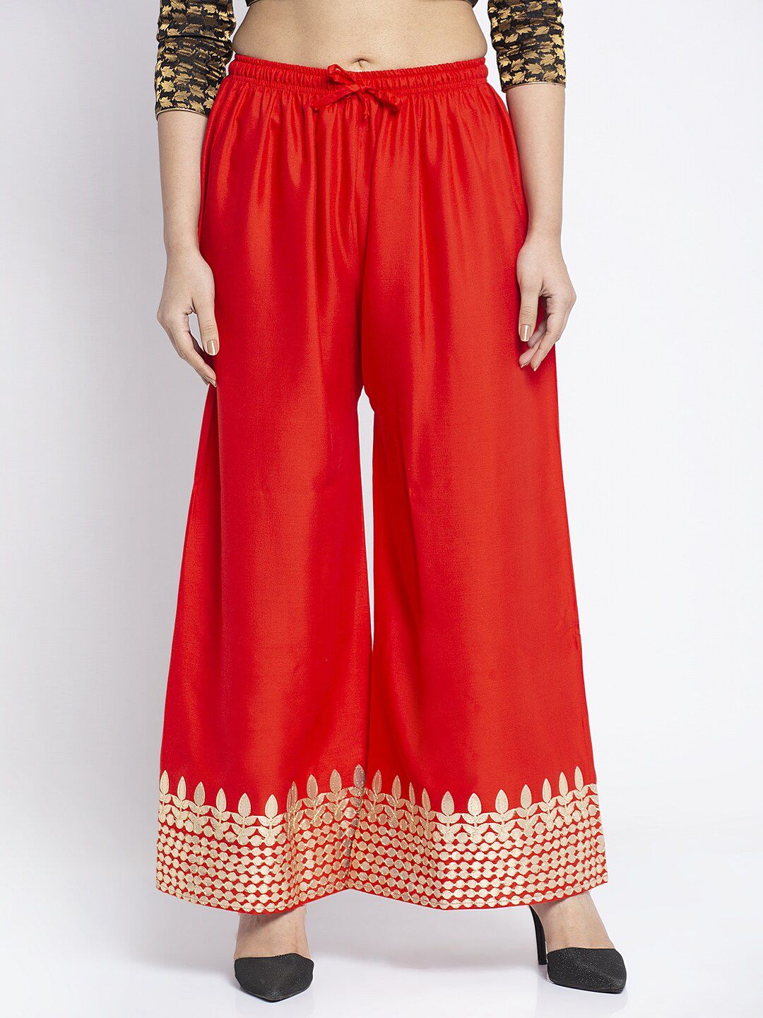 Jinfo Women Red & Gold-Toned Flared Ethnic Palazzos Price in India