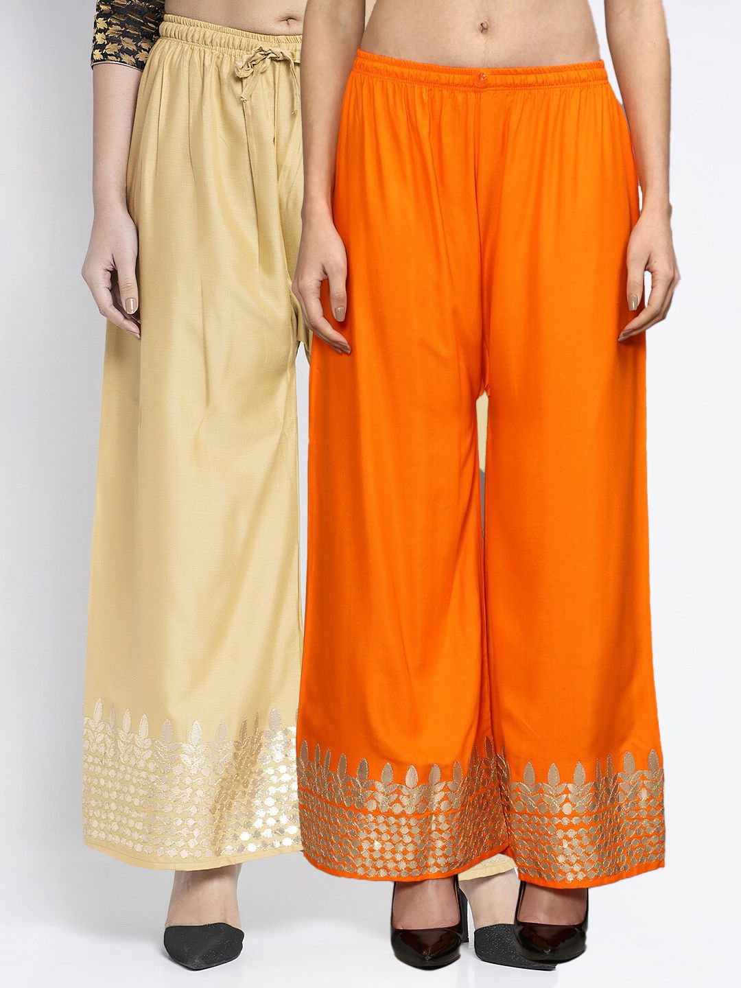 Jinfo Women Orange & Beige  Pack of 2 Gota Bottom Printed Flared Ethnic Palazzos Price in India