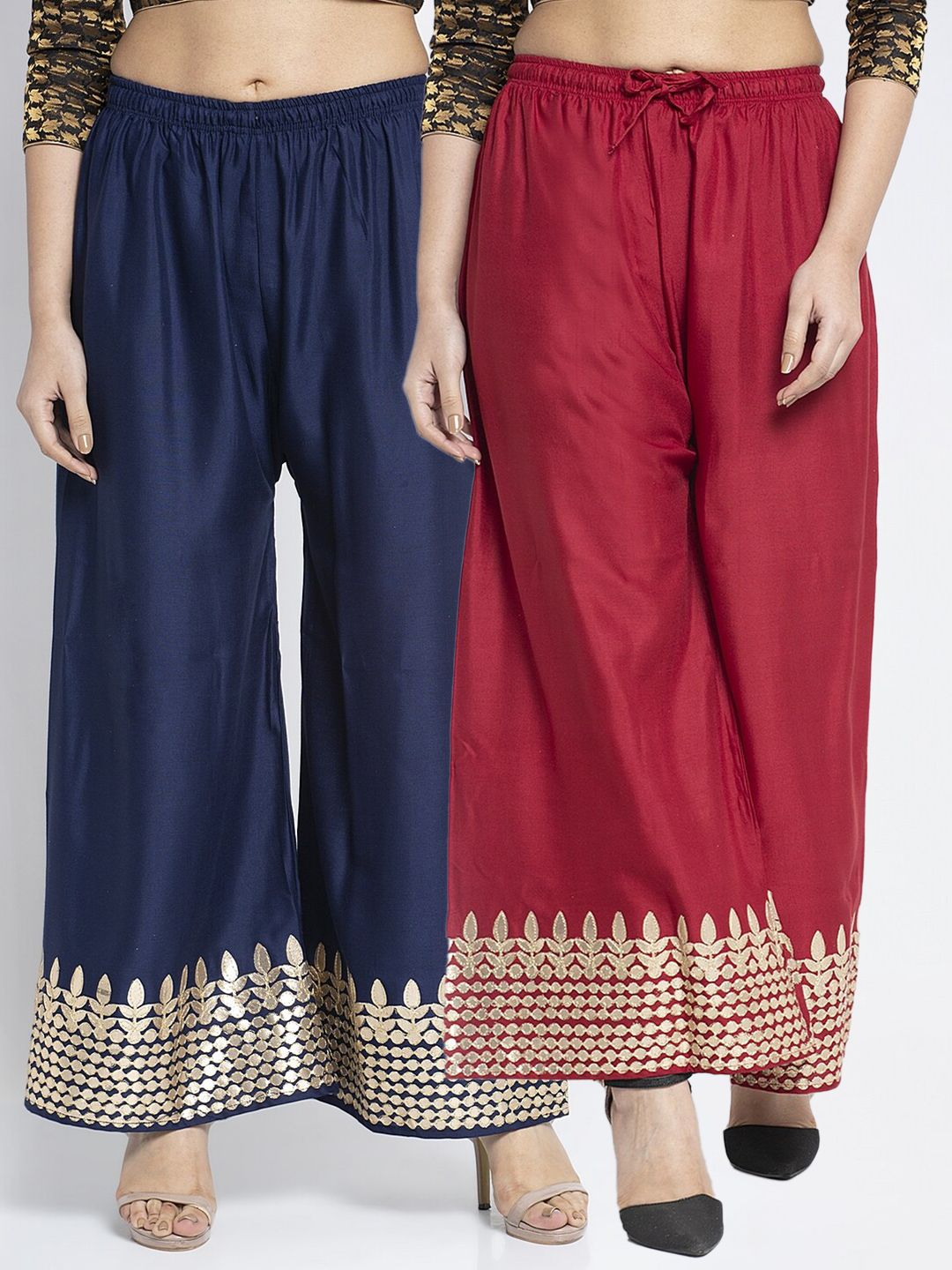 Jinfo Women Maroon & Navy Blue Set Of 2 Gota Embellished Flared Ethnic Palazzos Price in India