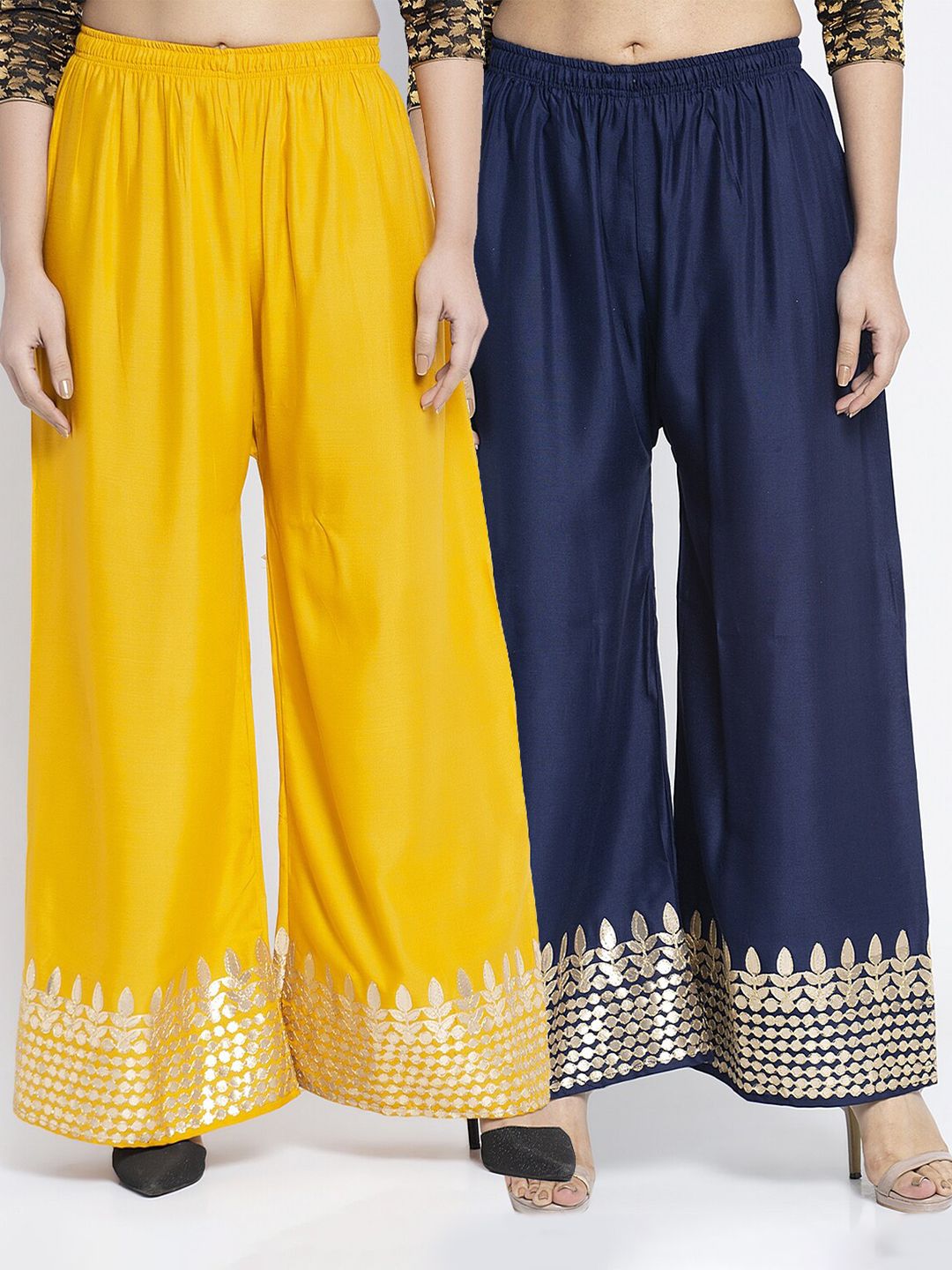 Jinfo Women Yellow & Navy Blue 2 Ethnic Motifs Gotta Embellished Flared Ethnic Palazzos Price in India