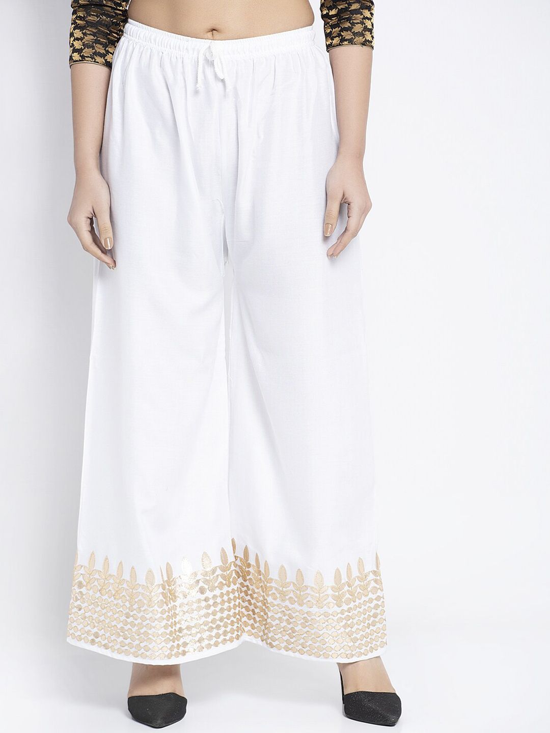 Jinfo Women White & Gold-Toned Ethnic Motifs Gotta Embellished Flared Ethnic Palazzos Price in India