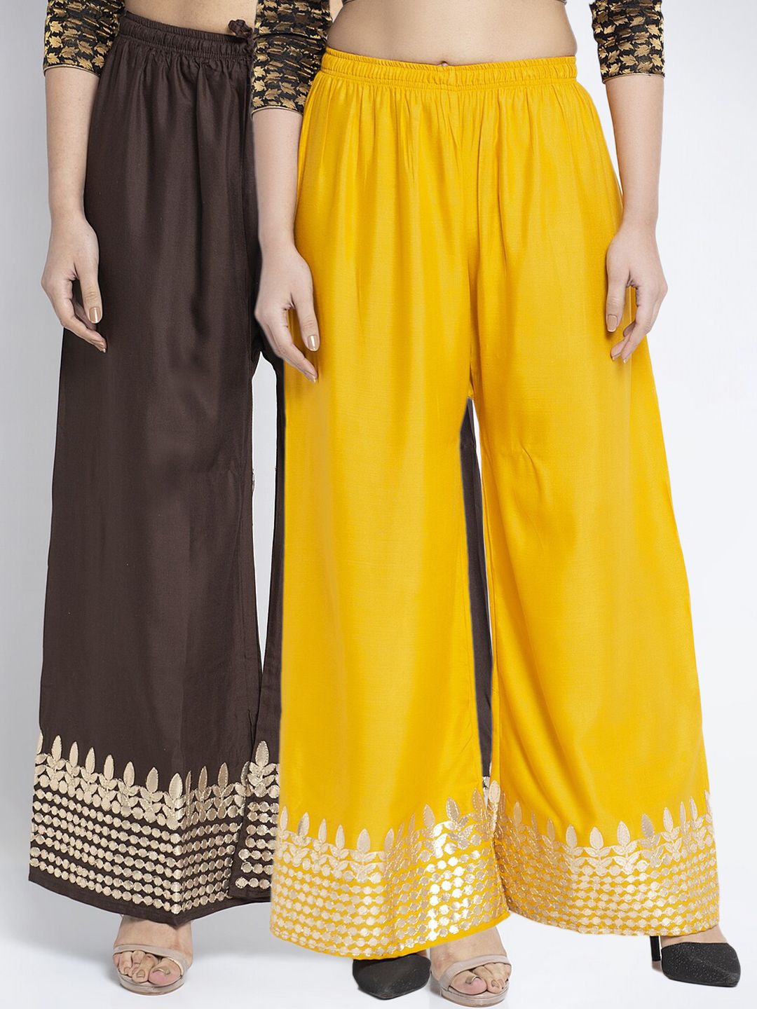 Jinfo Women Yellow & Brown Set Of 2 Gota Embellished Flared Knitted Ethnic Palazzos Price in India