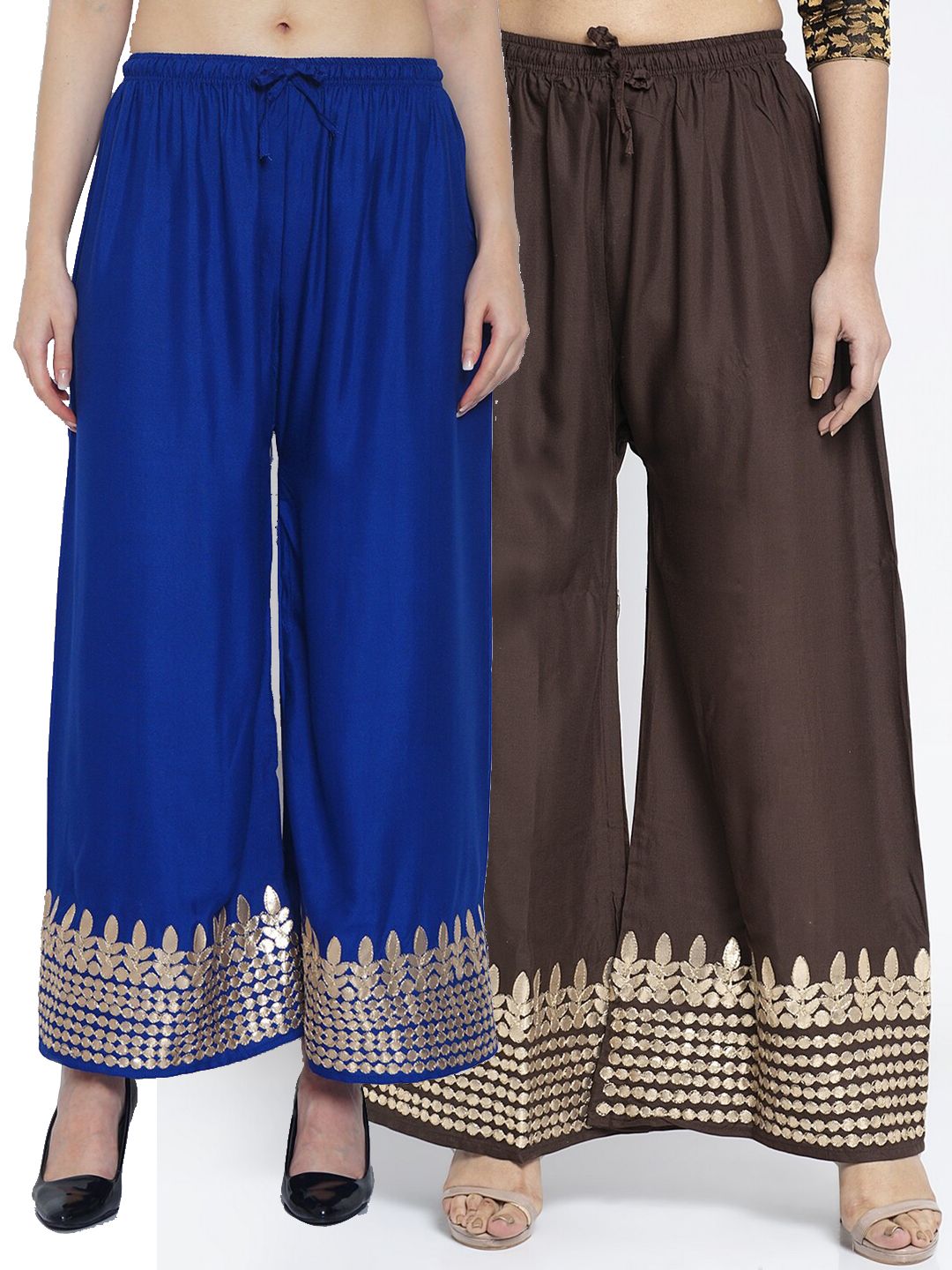 Jinfo Women Blue & Brown 2 Ethnic Motifs Gotta Embellished Flared Knitted Ethnic Palazzos Price in India