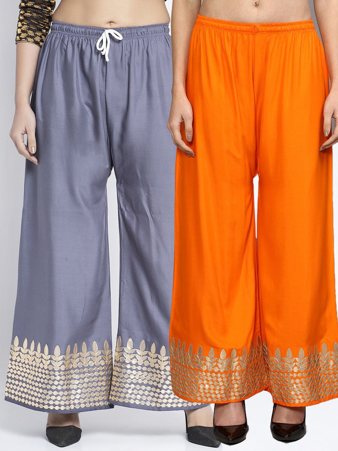 Jinfo Women Pack Of 2  Grey & Orange Flared Knitted Ethnic Palazzos Price in India