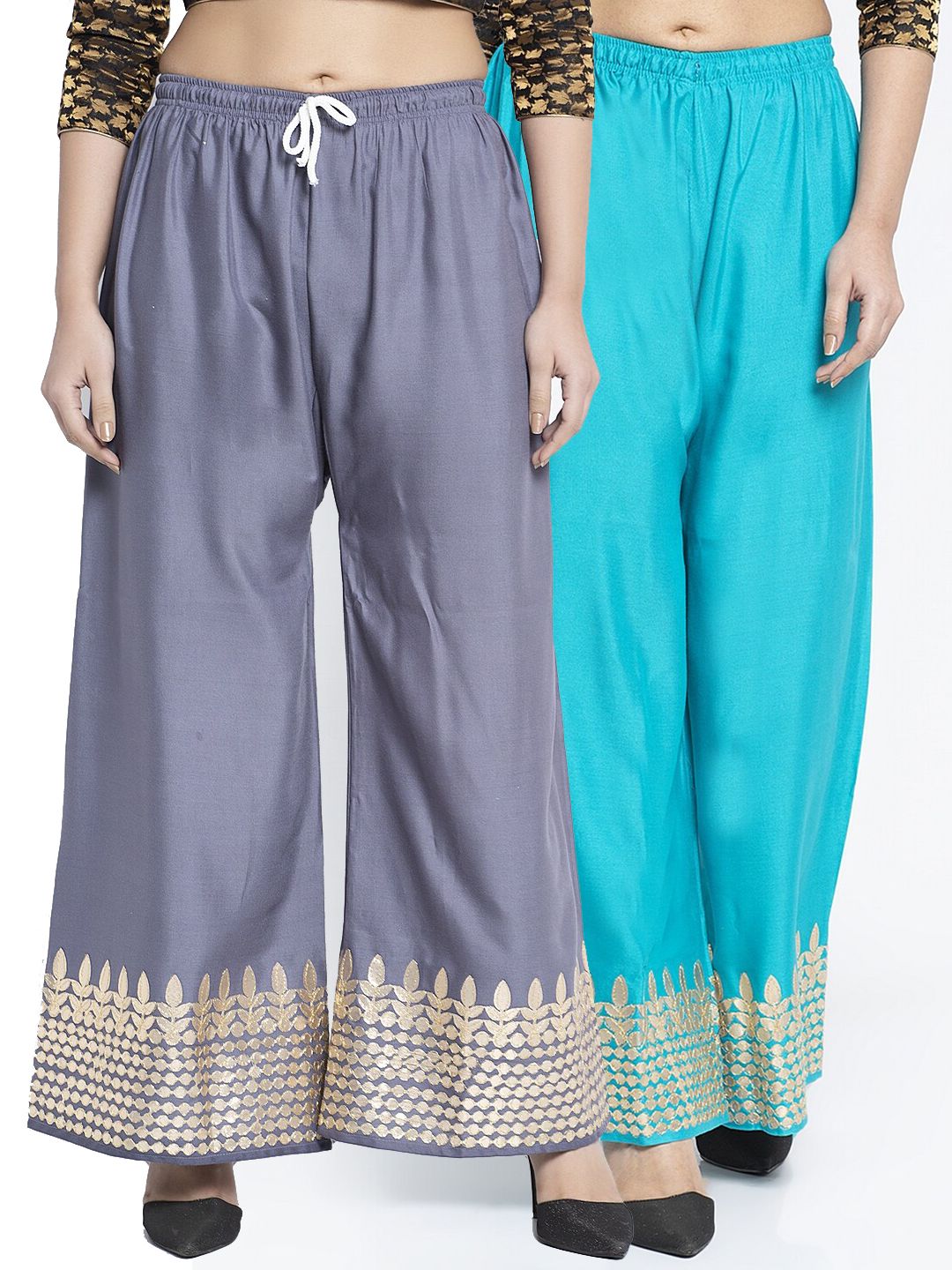 Jinfo Women Grey & Blue 2 Ethnic Motifs Gotta Embellished Flared Ethnic Palazzos Price in India