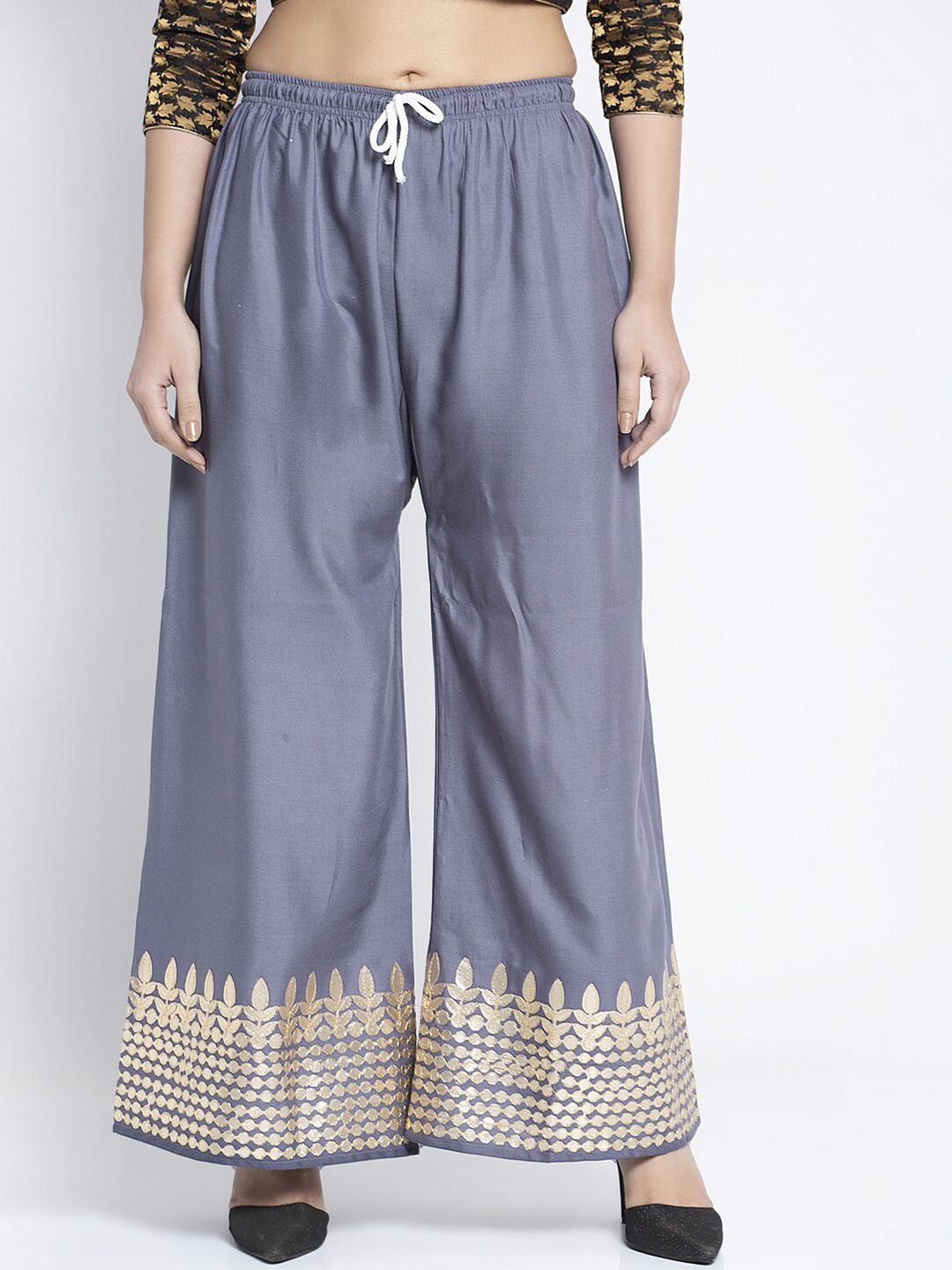 Jinfo Women Grey & Gold-Toned Gota Bottom Printed Flared Ethnic Palazzos Price in India