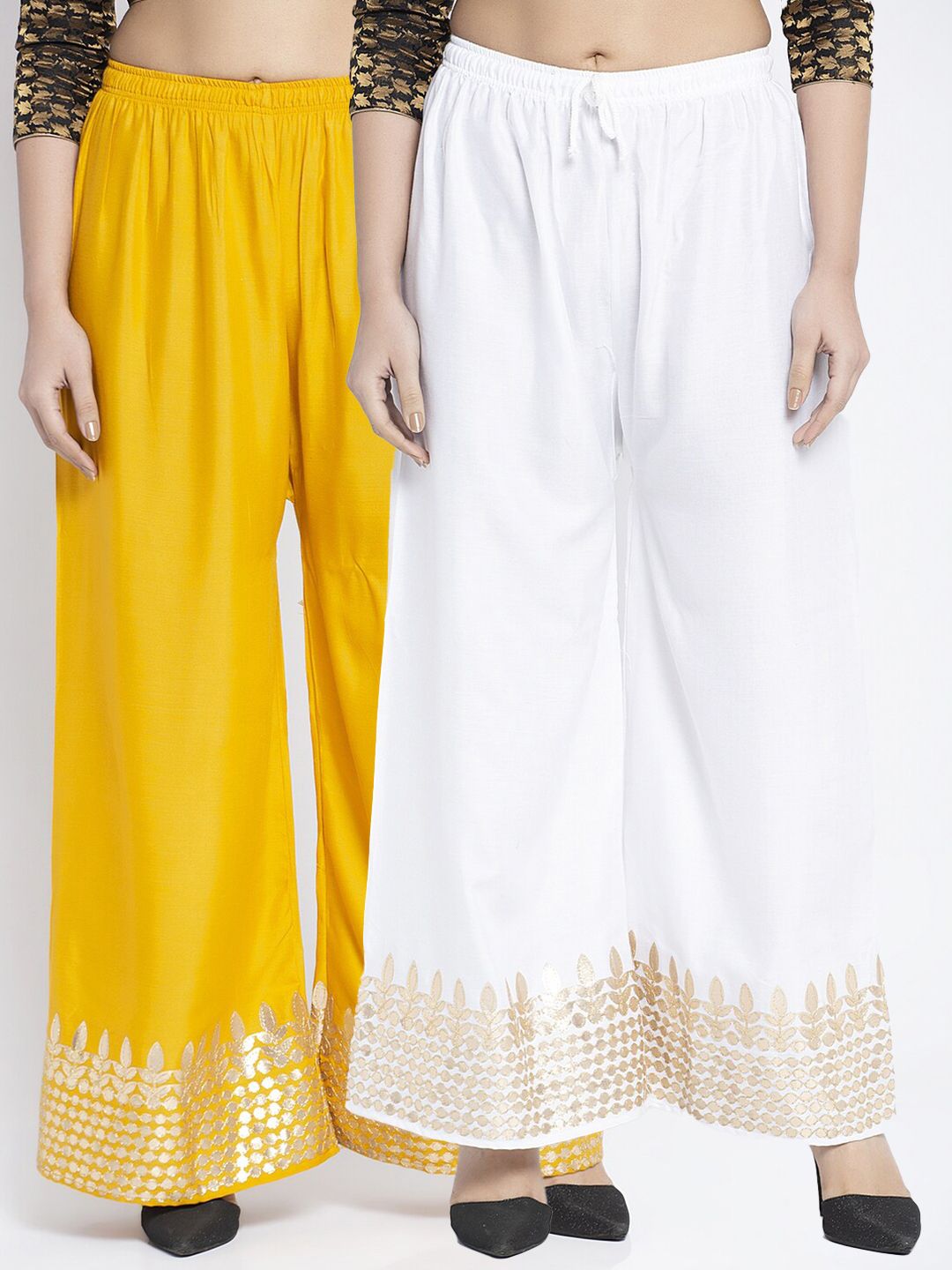 Jinfo Women White & Yellow 2 Ethnic Motifs Gotta Embellished Flared Ethnic Palazzos Price in India