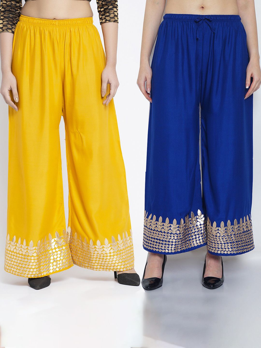 Jinfo Women Blue & Yellow Set Of 2 Gota Printed Wide Leg Fit Palazzo Price in India