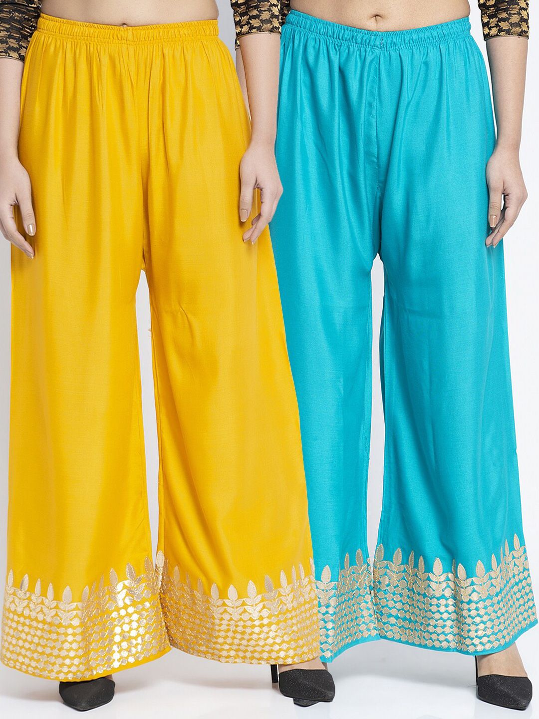 Jinfo Women Pack Of 2 Yellow & Blue Flared Ethnic Palazzos Price in India