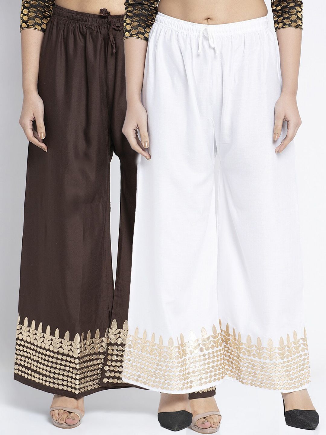 Jinfo Women White & Brown Set Of 2 Gota Printed Wide Leg Fit Palazzo Price in India