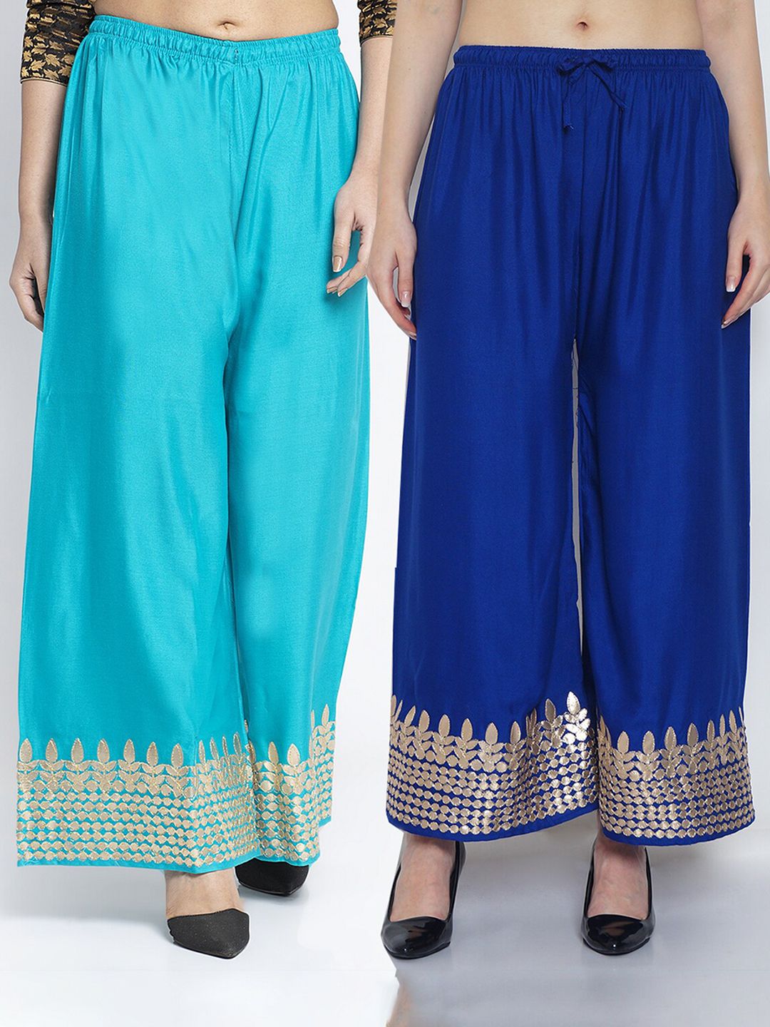 Jinfo Women Blue & Turquoise Blue 2 Ethnic Motifs Gotta Embellished Flared Ethnic Palazzos Price in India