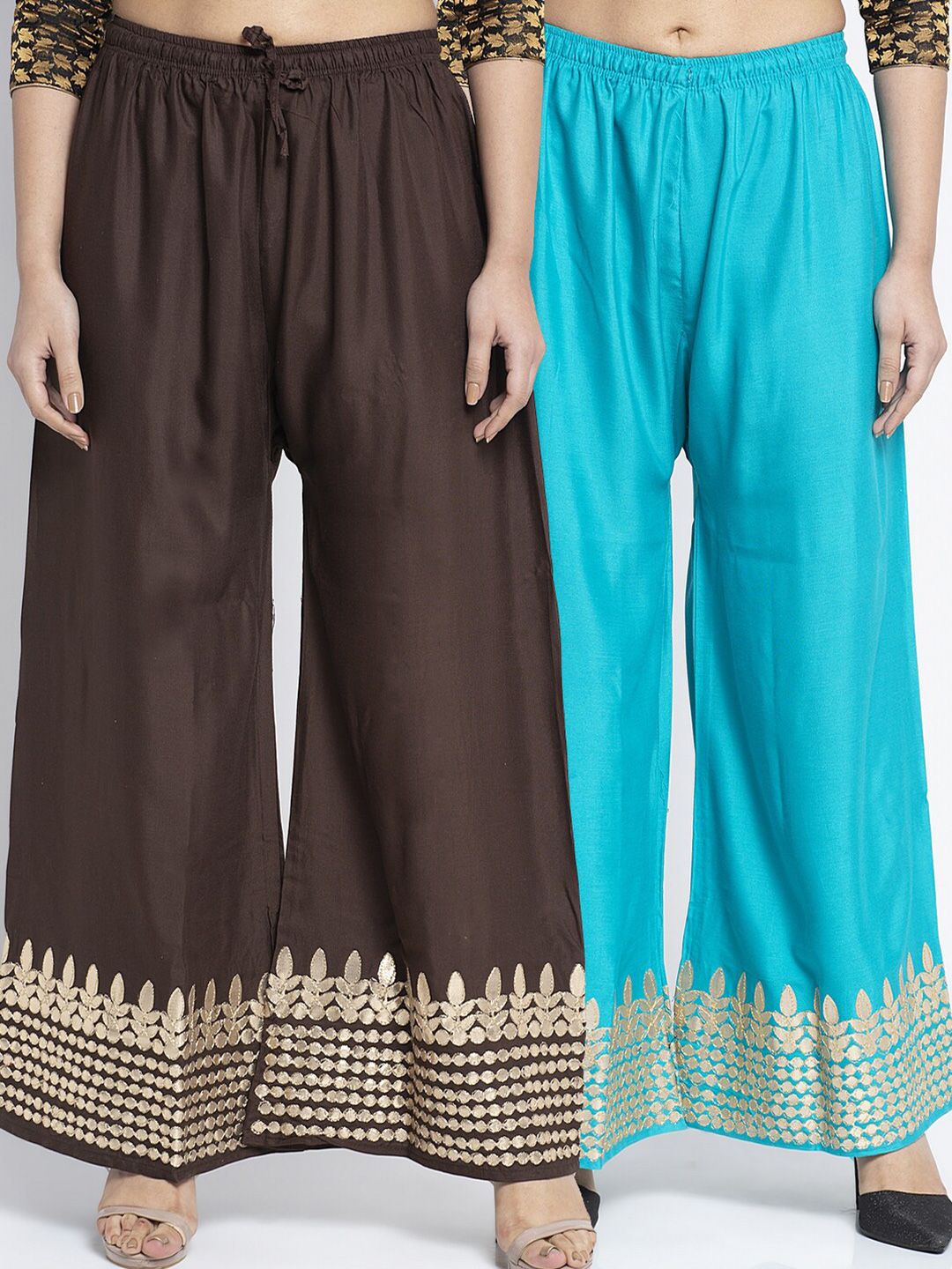 Jinfo Women Brown & Blue Set Of 2 Gota Printed Wide Leg Fit Palazzo Price in India