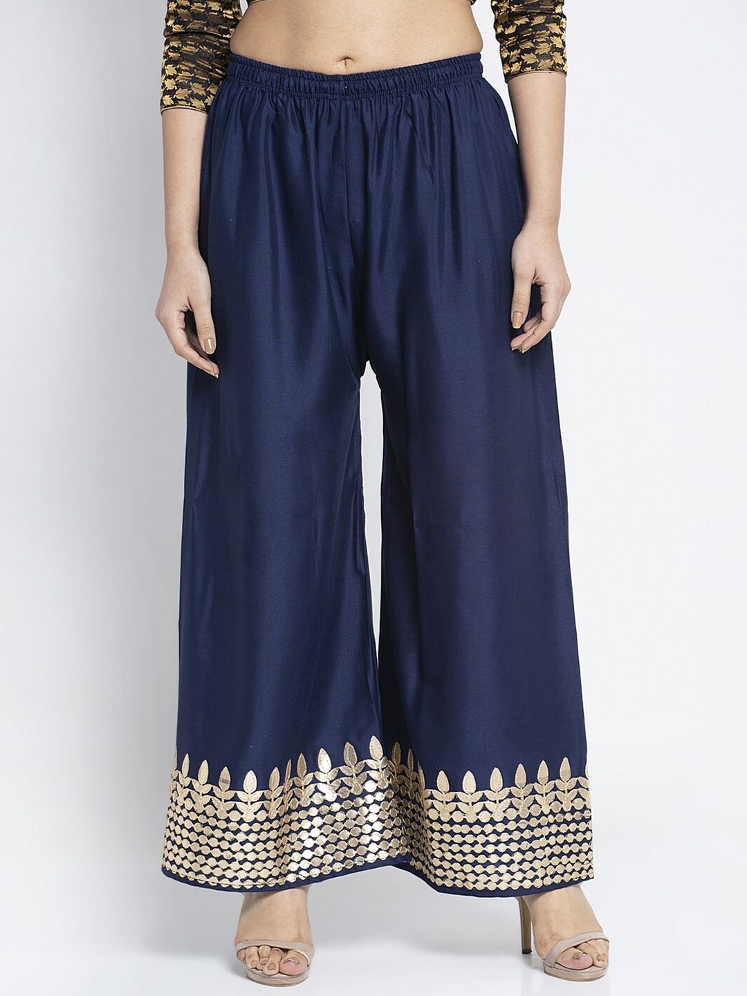 Jinfo Women Navy Blue & Gold-Toned Gotta Embellished Flared Ethnic Palazzos Price in India