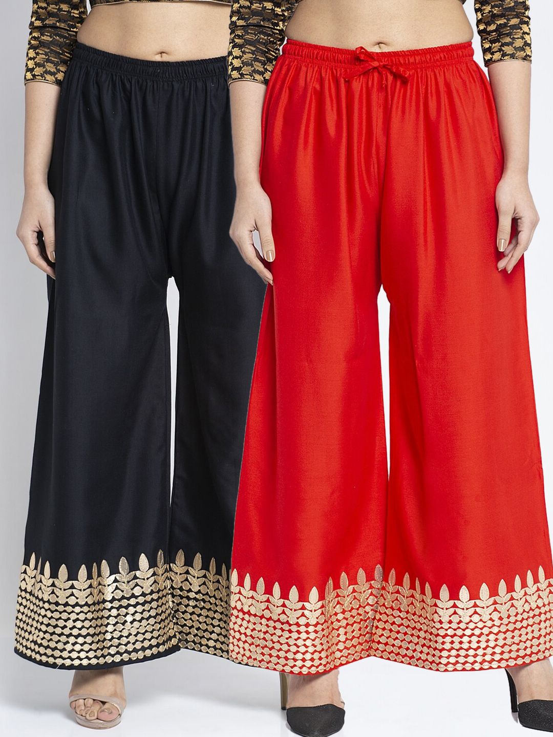 Jinfo Women Black & Red  Pack of 2 Gota Bottom Printed Flared Ethnic Palazzos Price in India