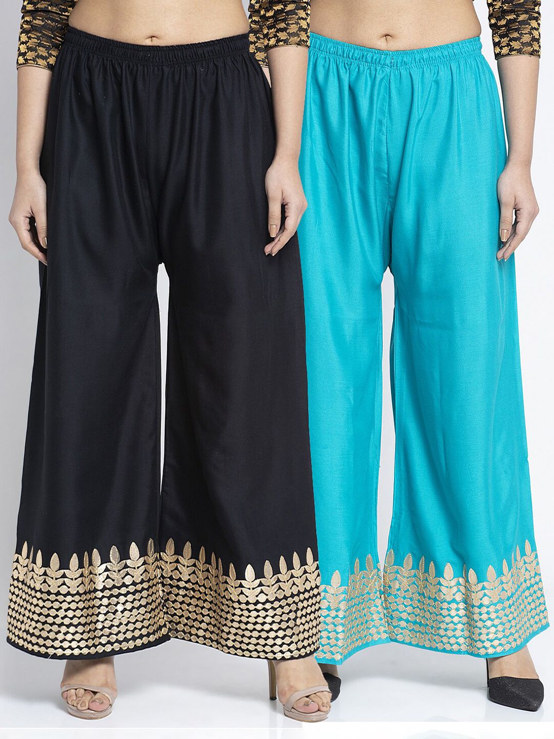 Jinfo Women Black & Blue Set Of 2 Gota Embellished Flared Knitted Ethnic Palazzos Price in India