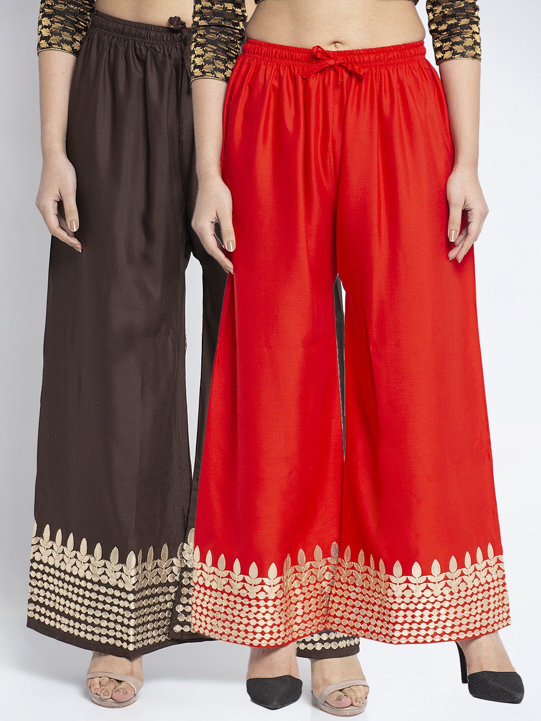 Jinfo Women Red & Brown  Pack of 2 Gota Bottom Printed Flared Ethnic Palazzos Price in India