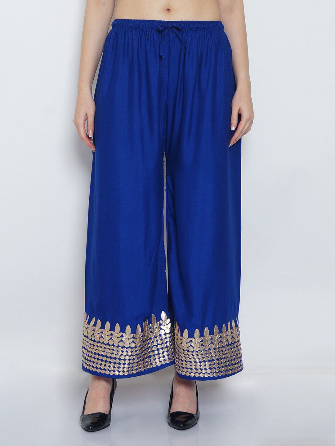 Jinfo Women Blue & Gold-Toned Flared Knitted Ethnic Palazzos Price in India