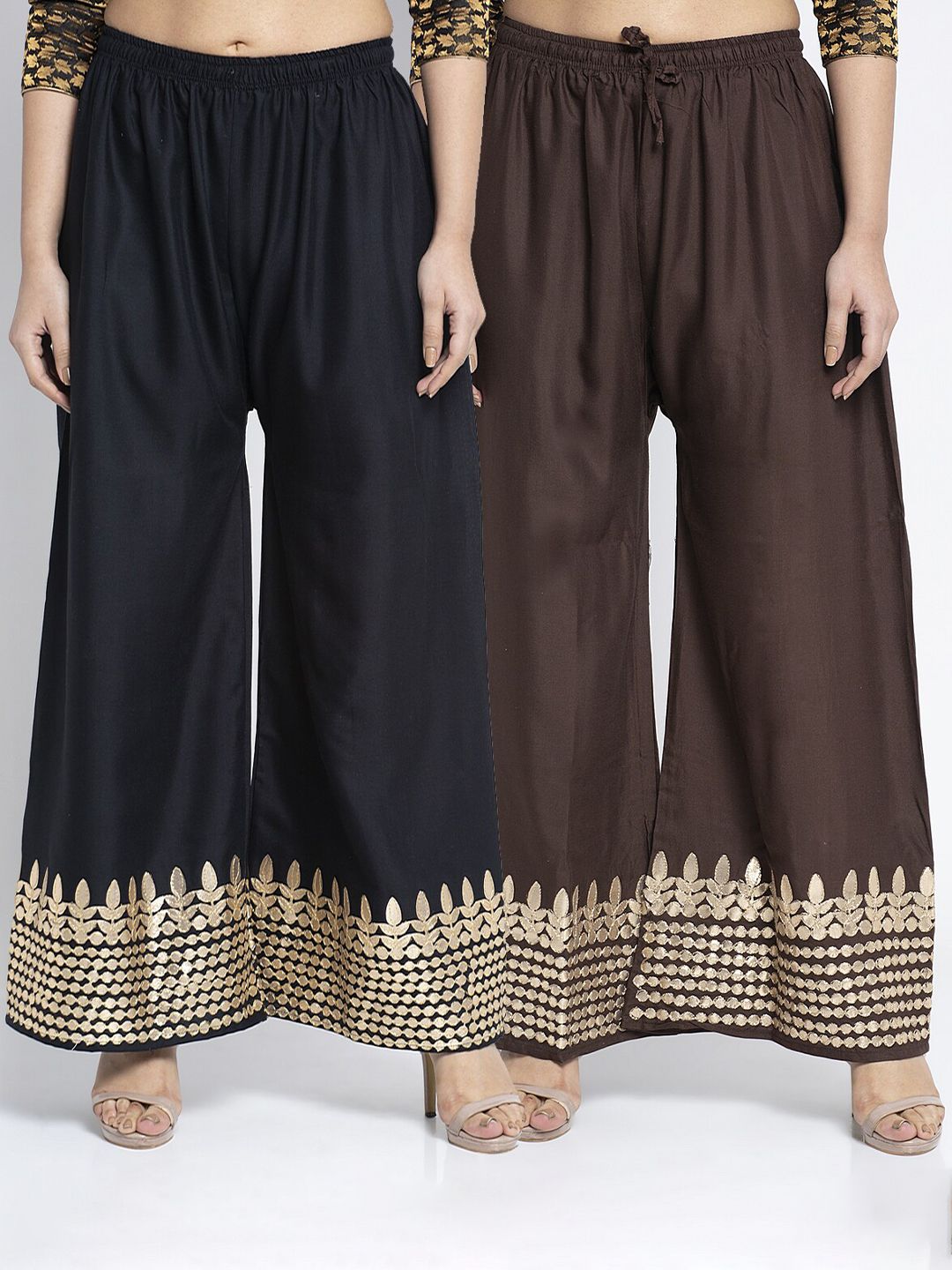 Jinfo Women Black & Brown Set Of 2 Gota Embellished Flared Knitted Ethnic Palazzos Price in India