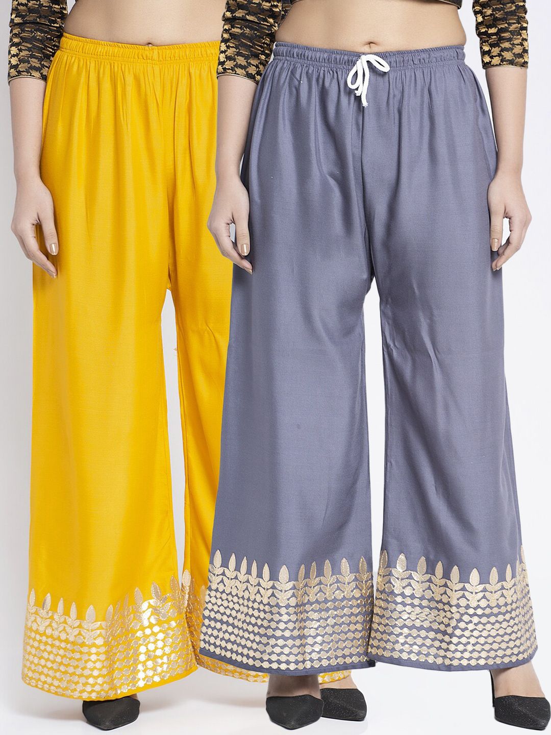 Jinfo Women Grey & Yellow Set Of 2 Gota Printed Wide Leg Fit Palazzo Price in India