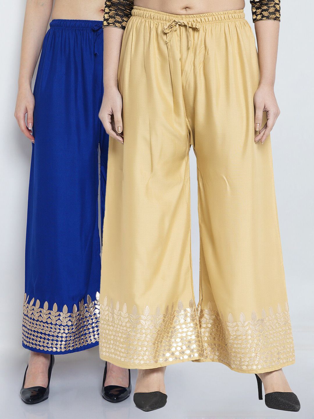 Jinfo Women Blue & Gold-Toned 2 Ethnic Motifs Gotta Embellished Flared Ethnic Palazzos Price in India