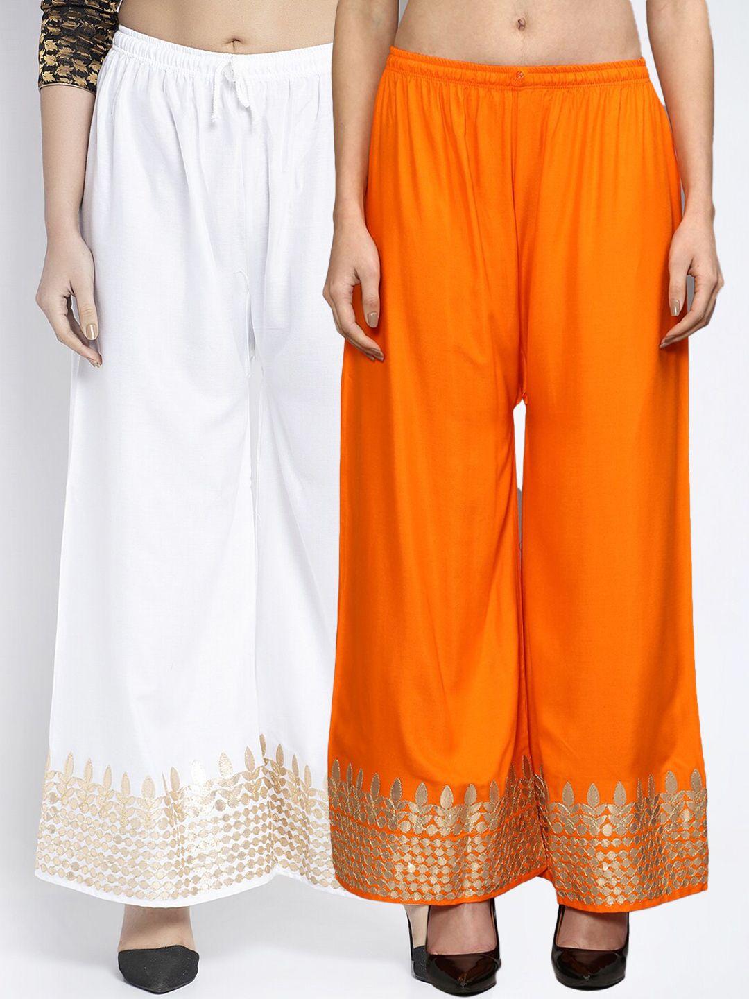 Jinfo Women White & Orange Pack of 2 Gota Bottom Printed Flared Ethnic Palazzos Price in India