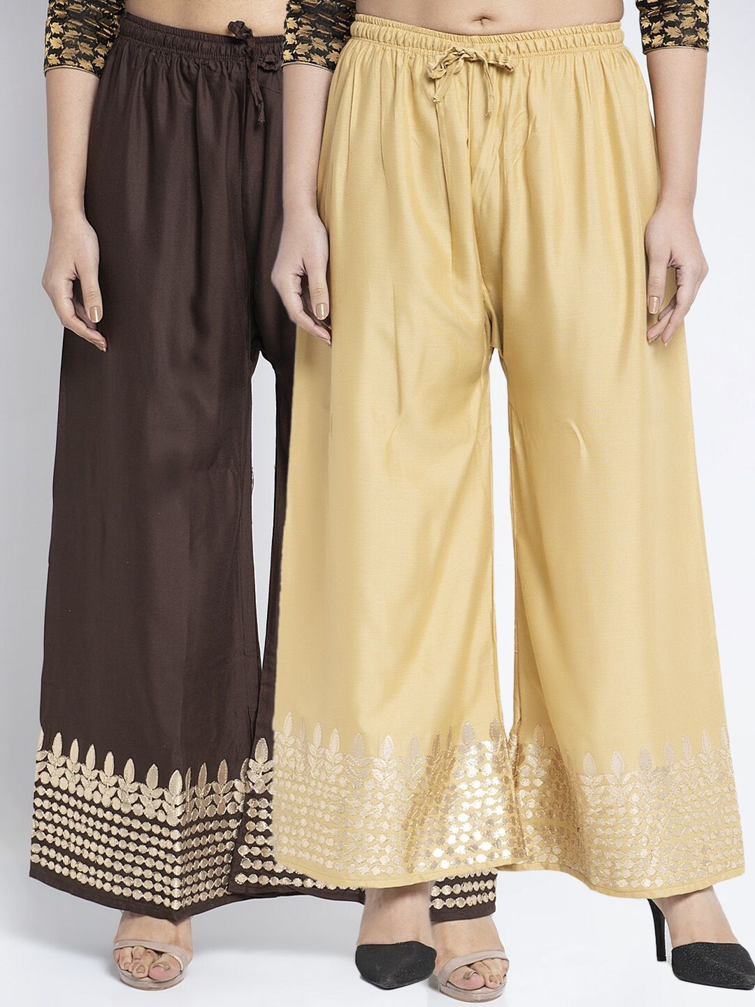 Jinfo Women Beige & Brown 2 Ethnic Motifs Gotta Embellished Flared Ethnic Palazzos Price in India