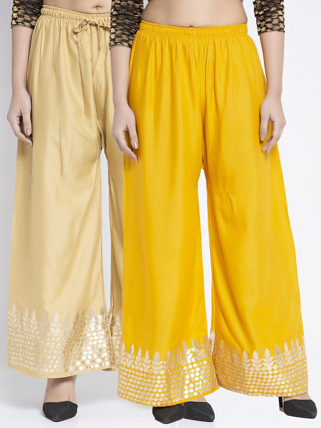 Jinfo Women Yellow & Beige  Pack of 2 Gota Bottom Printed Flared Ethnic Palazzos Price in India