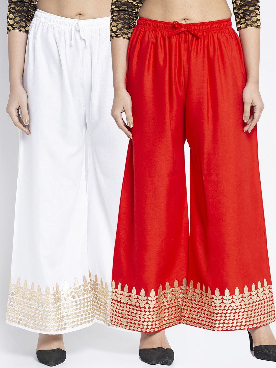 Jinfo Women White & Red 2 Ethnic Motifs Gotta Embellished Flared Ethnic Palazzos Price in India