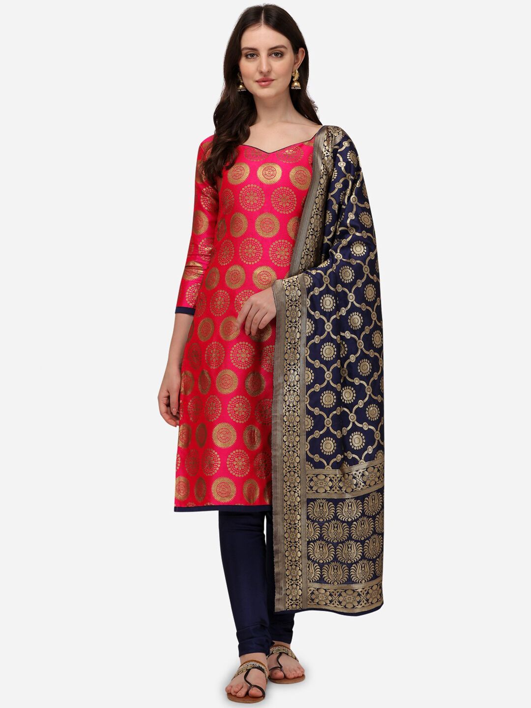 SATYAM WEAVES Red & Gold-Toned Unstitched Dress Material Price in India