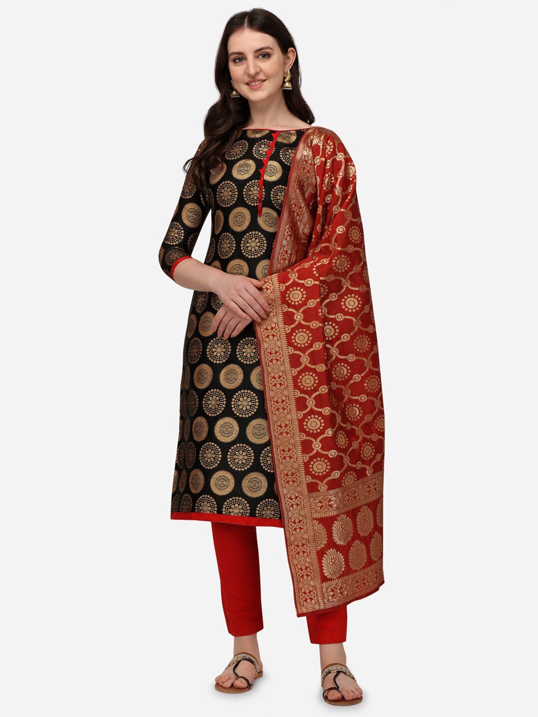 SATYAM WEAVES Women Black & Red Unstitched Printed Dress Material Price in India