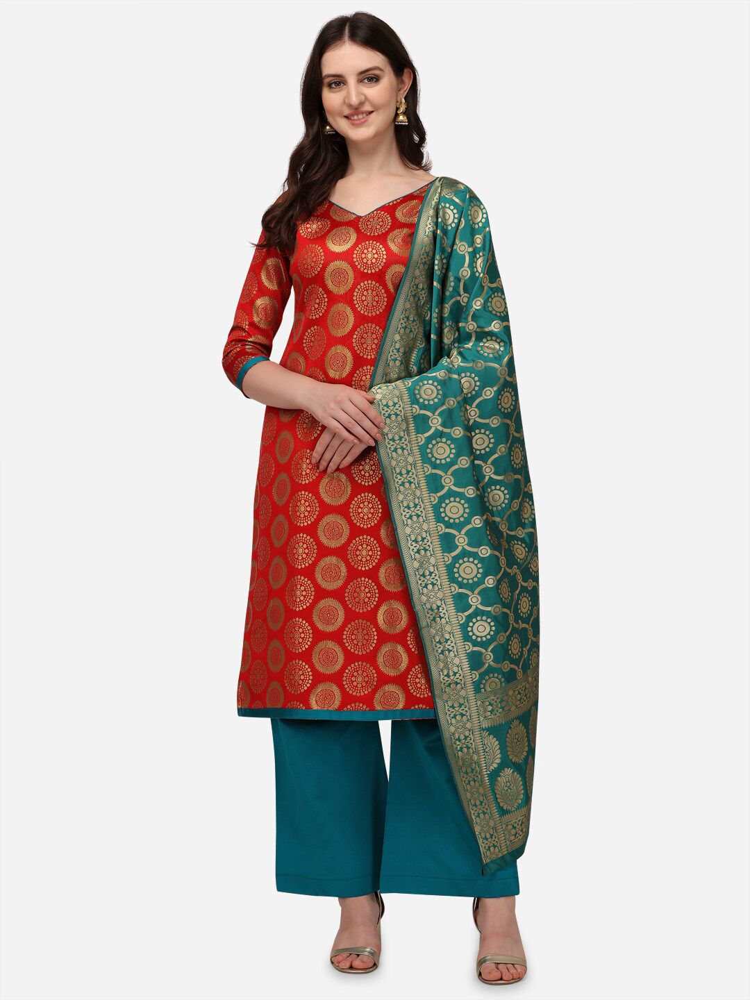 SATYAM WEAVES Women Red & Green Woven Design Unstitched Dress Material Price in India