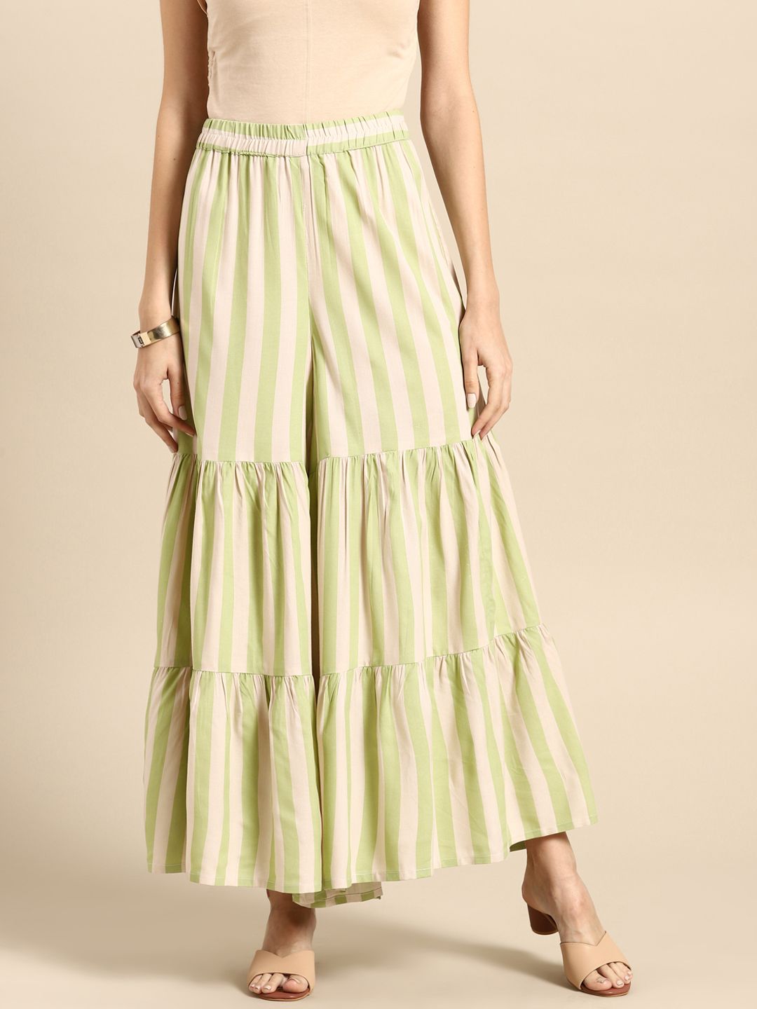 Anouk Women Green & Off White Striped Ethnic Flared Palazzos Price in India