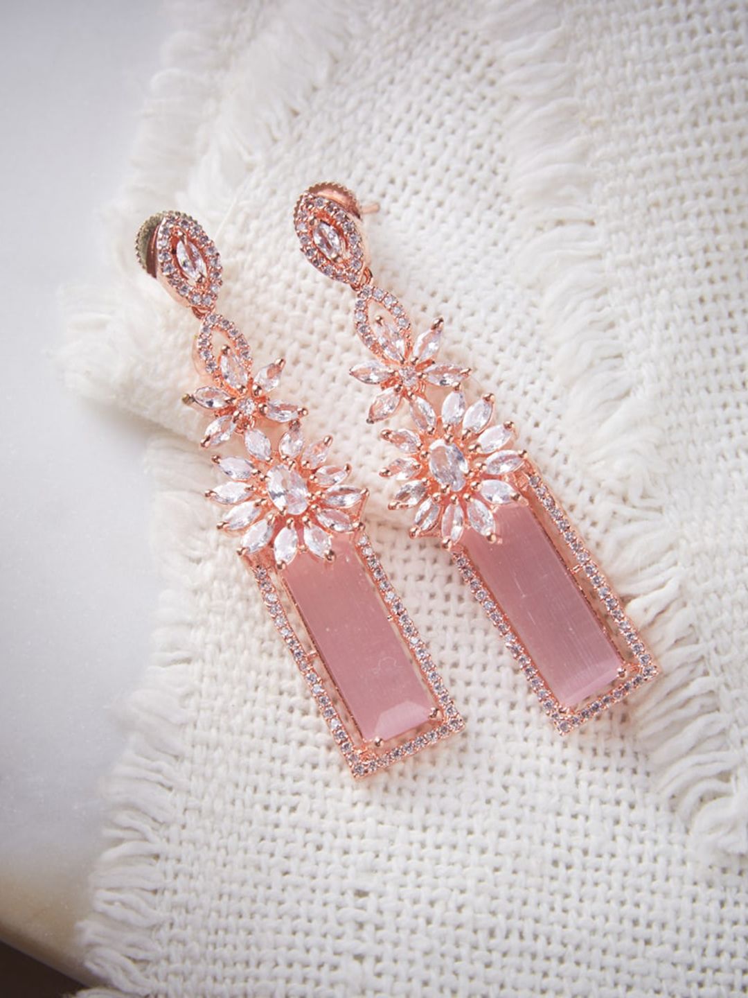 ATIBELLE Pink & Rose Gold-Plated American Diamond Studded Contemporary Drop Earrings Price in India