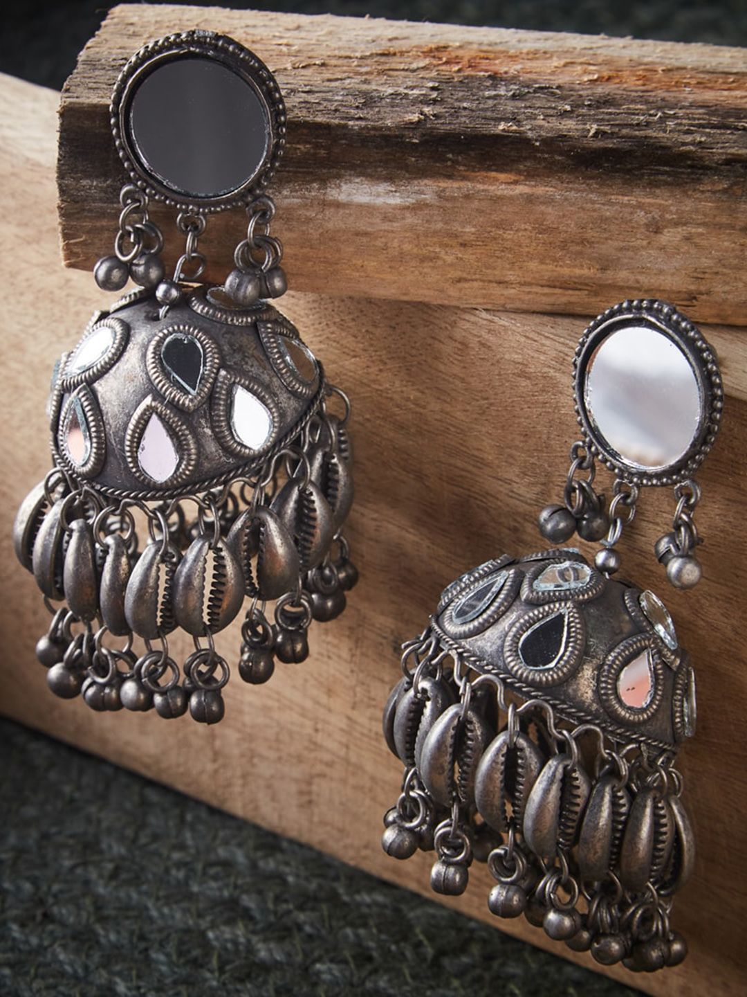 ATIBELLE Silver-Plated Oxidised Dome Shaped Jhumkas Earrings Price in India
