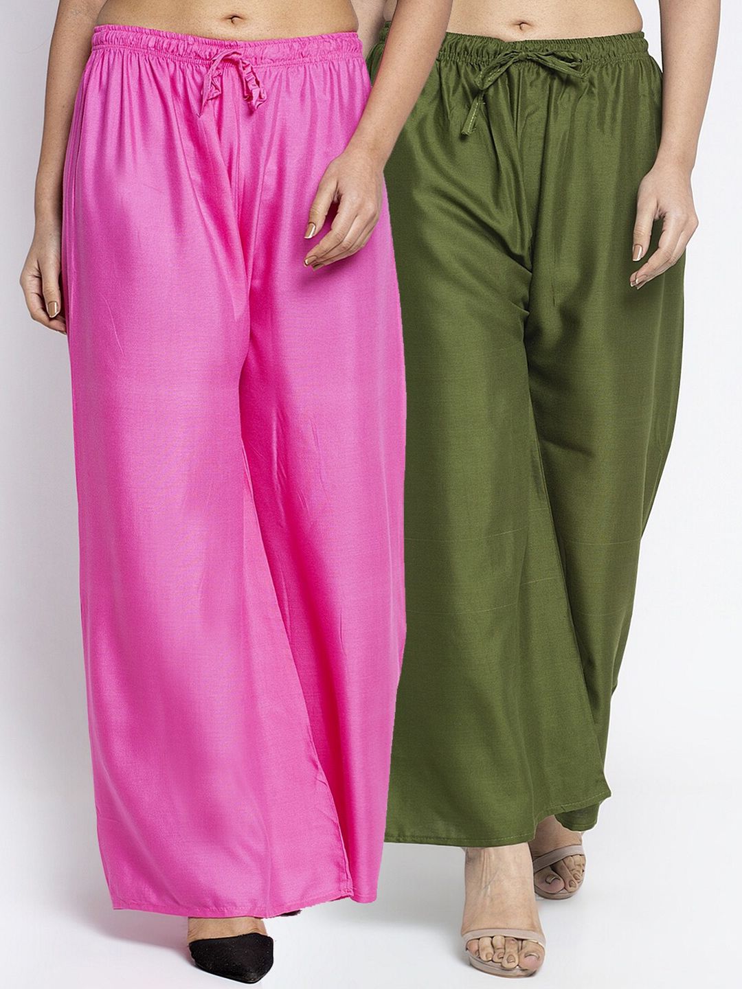 Jinfo Women Set of 2 Pink & Green Solid Flared Palazzos Price in India