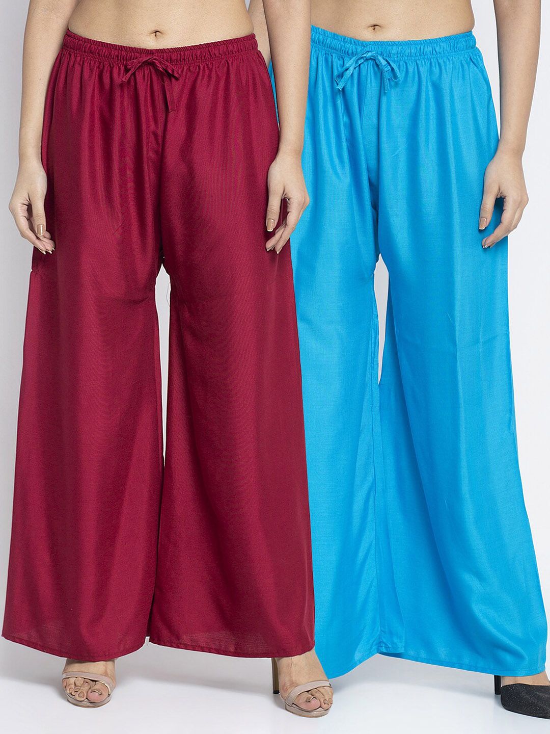 Jinfo Women Pack Of 2 Maroon & Turquoise Blue Flared Knitted Ethnic Palazzos Price in India