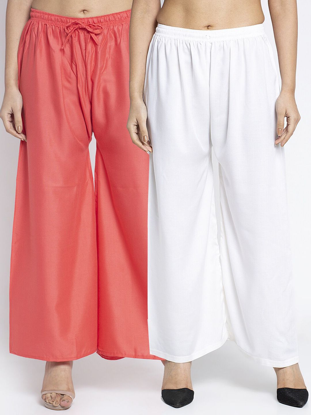 Jinfo Women Pack of 2 Peach-Coloured & Off-White Palazzos Price in India