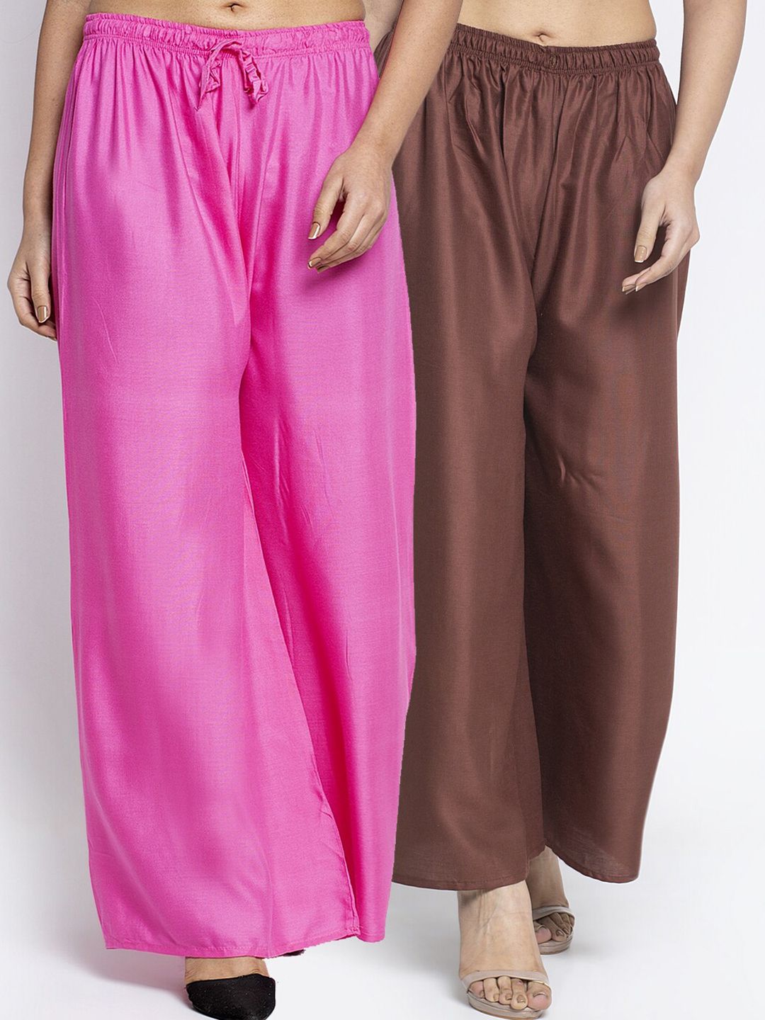 Jinfo Women Set Of 2 Pink & Brown Solid Flared Palazzos Price in India