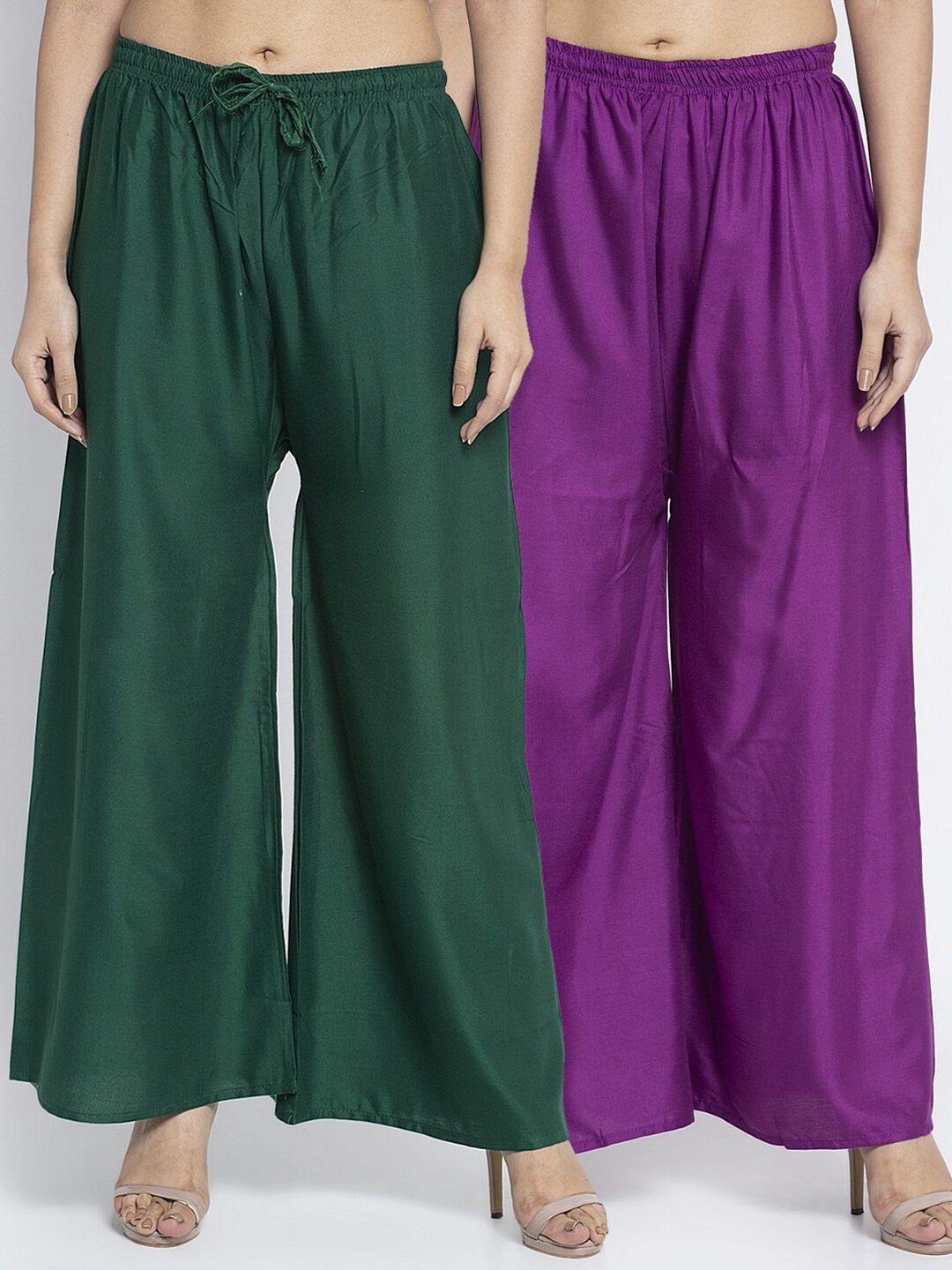 Jinfo Women Set of 2 Green & Purple Solid Flared Knitted Palazzos Price in India