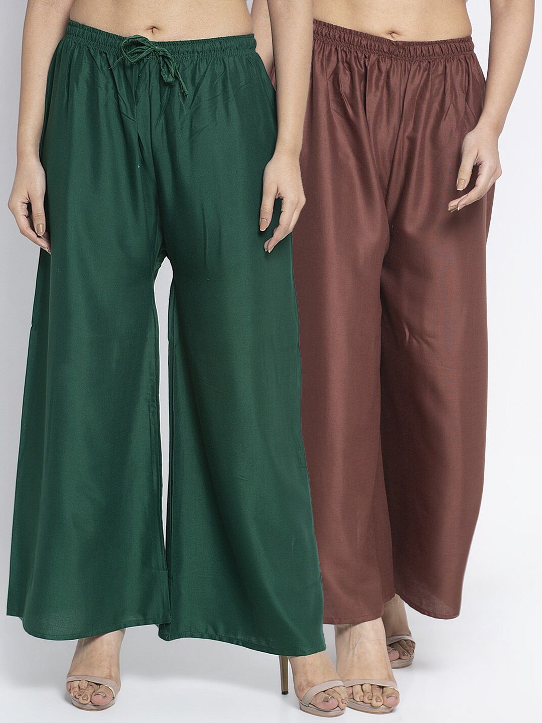 Jinfo Set Of 2 Women Green & Brown Flared Ethnic Palazzos Price in India