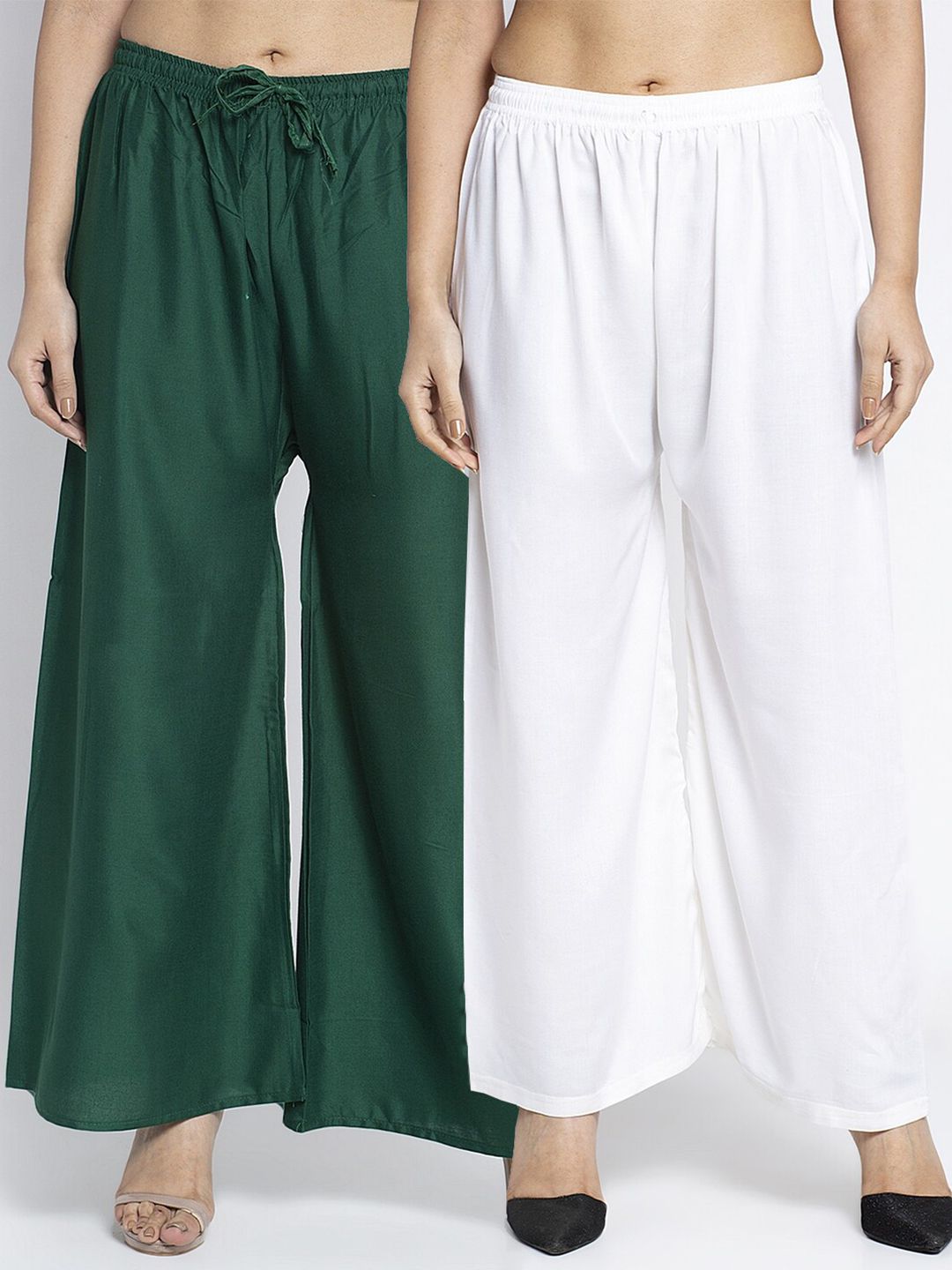 Jinfo Set Of 2 Women Green & Off White Flared Knitted Ethnic Palazzos Price in India