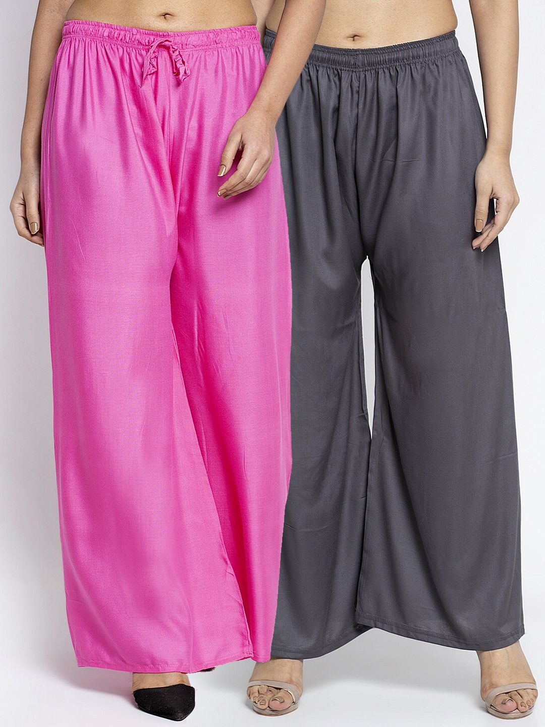 Jinfo Women Pack Of 2 Pink & Charcoal Flared Ethnic Palazzos Price in India