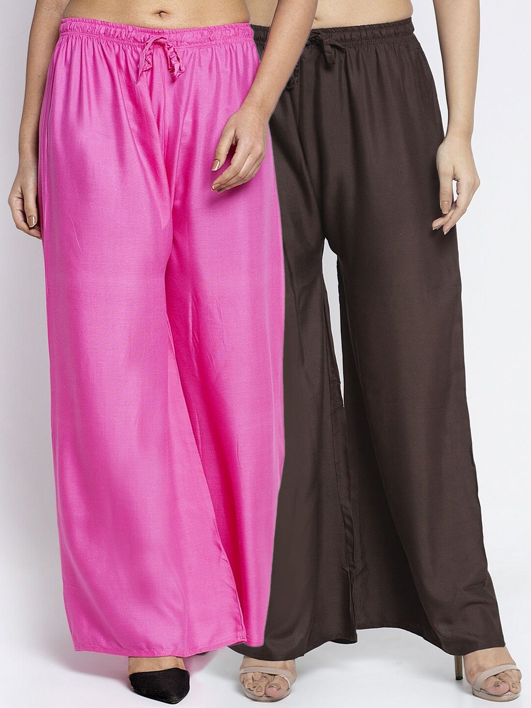 Jinfo Women Set Of 2 Pink & Brown Solid Flared Palazzos Price in India